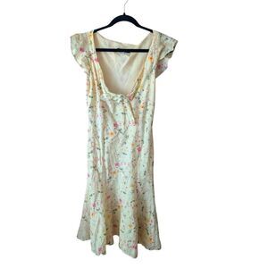 Morrell Maxie Butter Yellow Floral 90s Flutter Flare Midi Dress Size 4